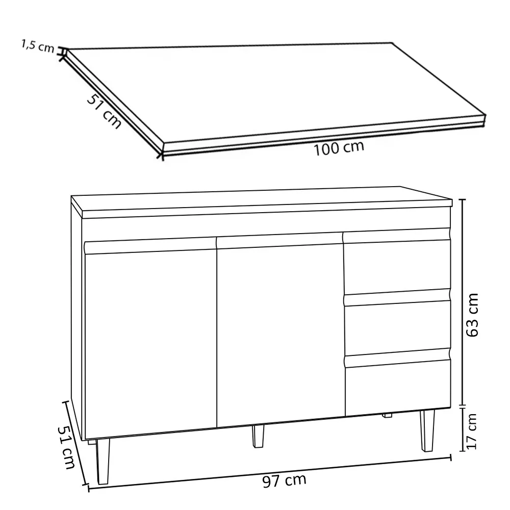 Balcão Gabinete Para Pia 100cm com Tampo 2 Portas Andréia Preto - AJL Móveis