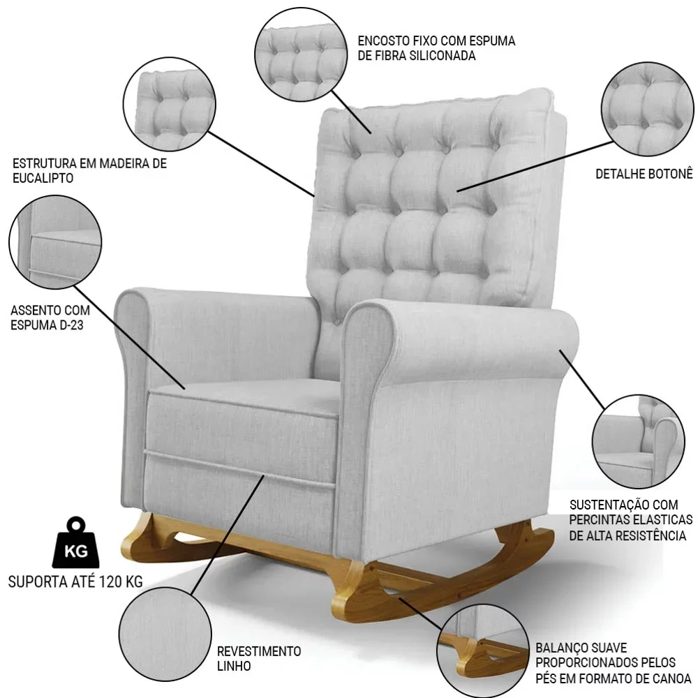 Kit 02 Poltronas de Amamentação Base Madeira Balanço Brenda G05 Linho Cinza Claro - Mpozenato