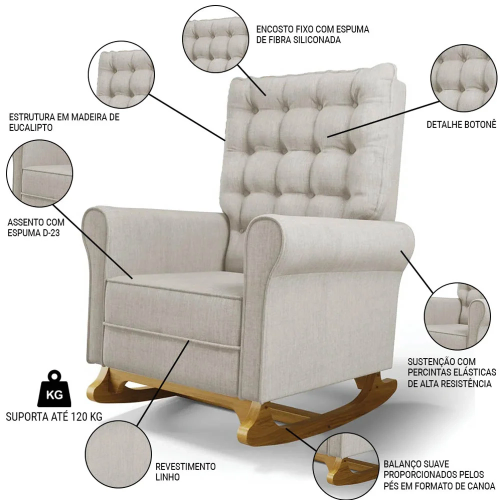 Poltrona de Amamentação e Descanso Base Madeira Balanço Brenda G05 Linho Bege - Mpozenato