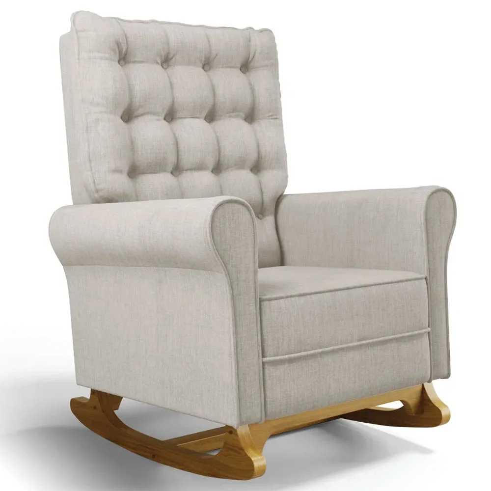 Kit 02 Poltronas de Amamentação e Descanso Base Madeira Balanço Brenda G05 Linho Bege - Mpozenato