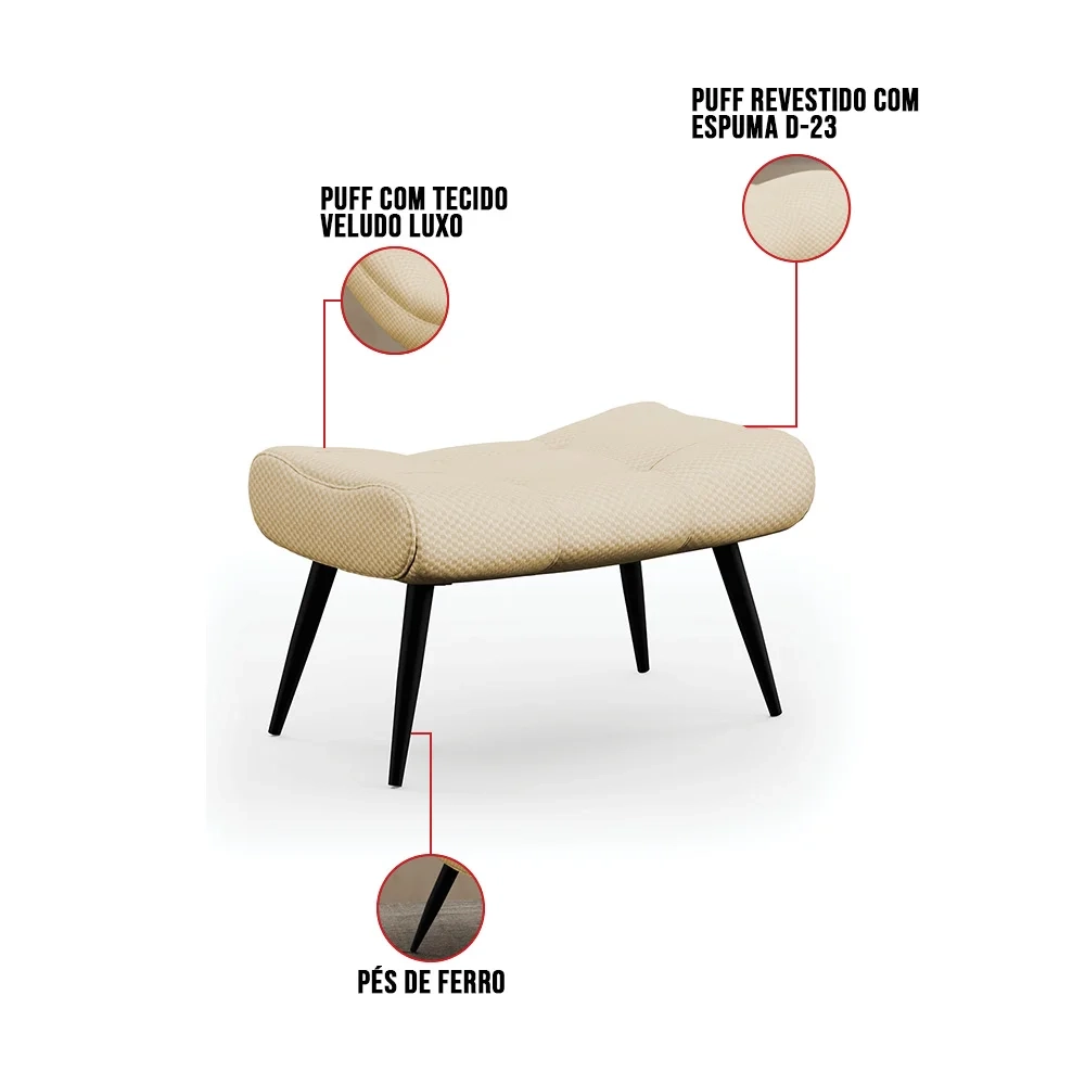 Kit 2 Puffs Decorativos Para Sala de Estar Pés Palito Lord Veludo Luxo Off White - Ibiza