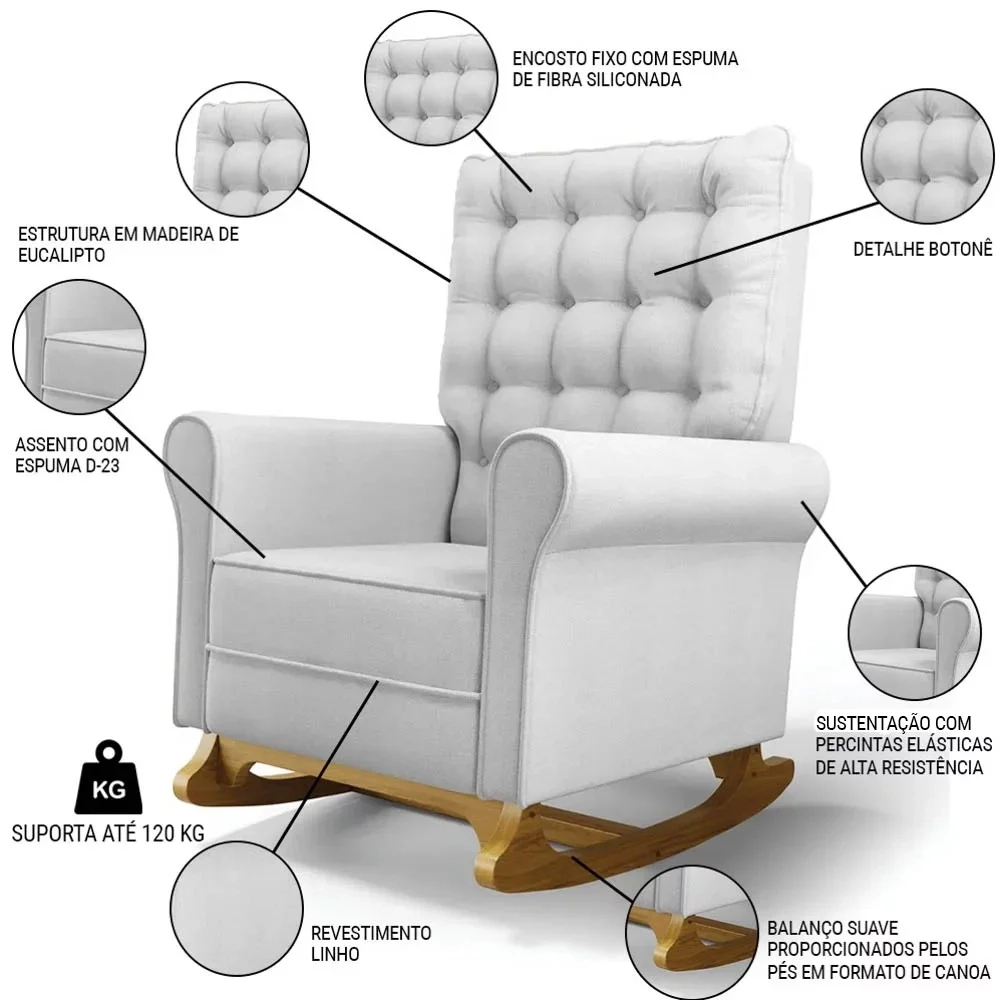Poltrona de Amamentação Balanço e Puff Base de Madeira Brenda G05 Linho Cinza - Mpozenato