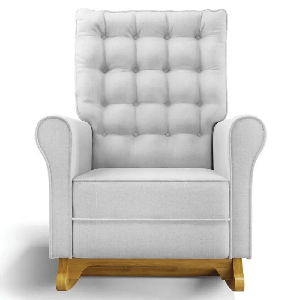 Poltrona de Amamentação Balanço e Puff Base de Madeira Brenda G05 Linho Cinza - Mpozenato