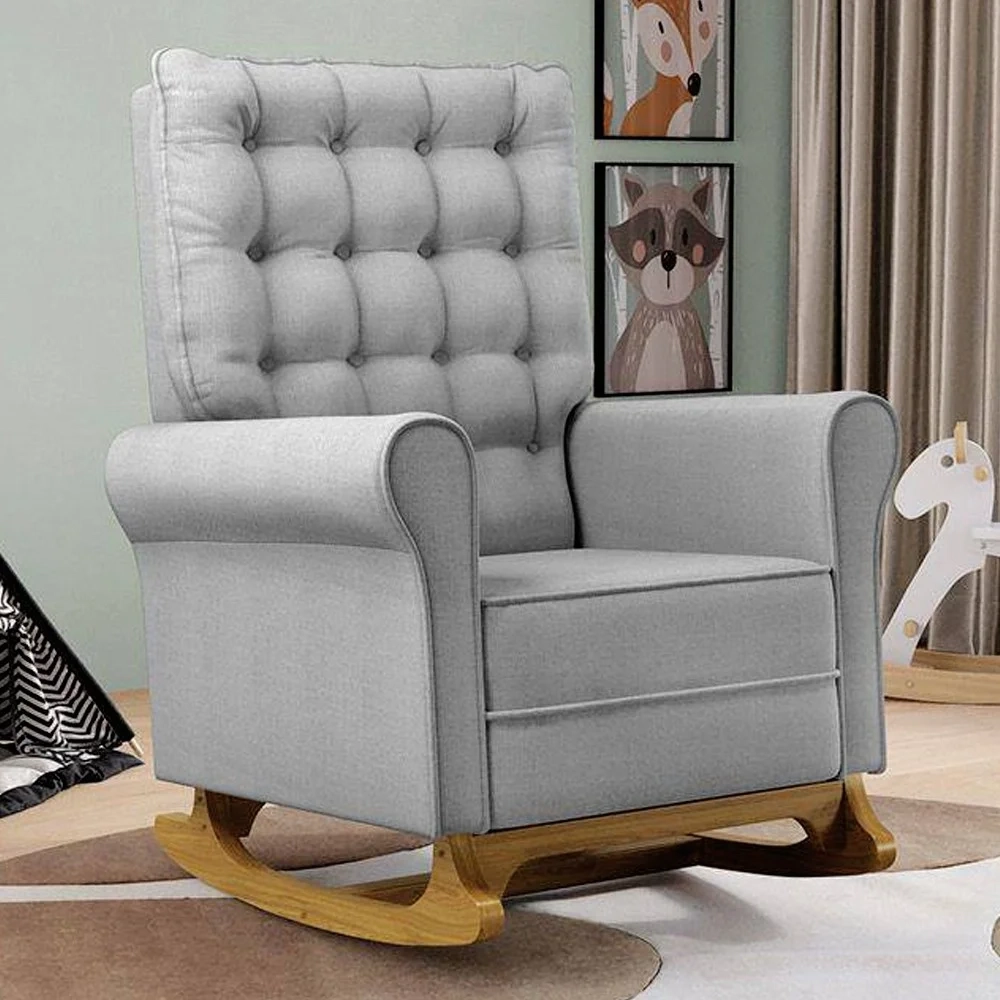 Poltrona de Amamentação e Descanso Base Madeira Balanço Brenda G05 Linho Cinza Escuro - Mpozenato