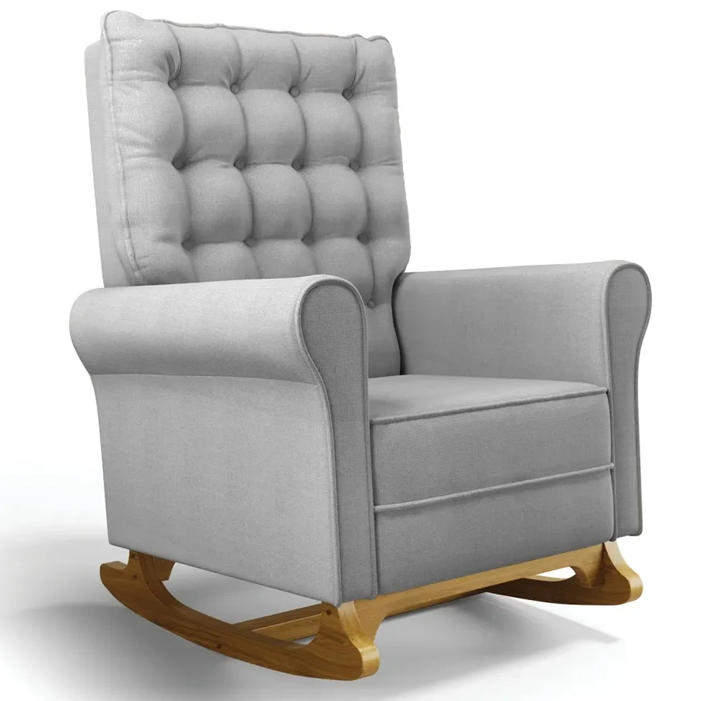 Poltrona de Amamentação Balanço e Puff Base de Madeira Brenda G05 Linho Cinza Escuro - Mpozenato