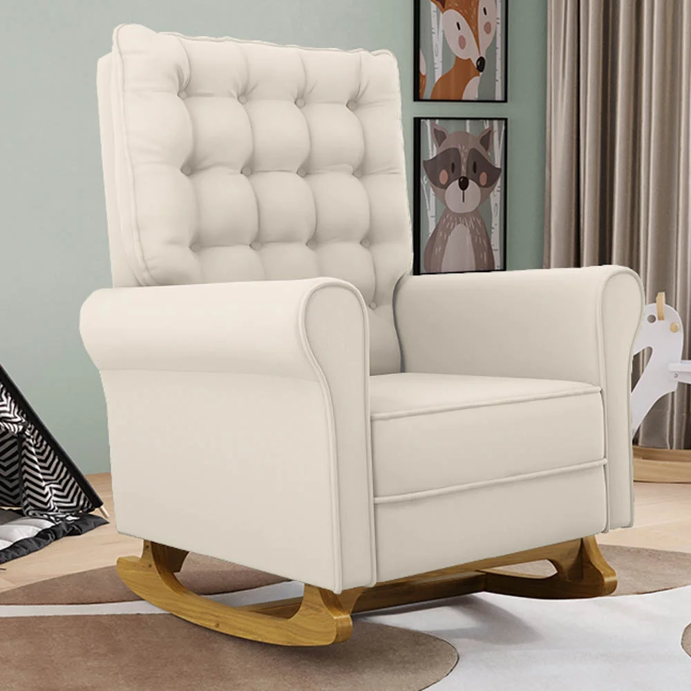 Poltrona de Amamentação e Descanso Base Madeira Balanço Brenda G05 Veludo Creme - Mpozenato