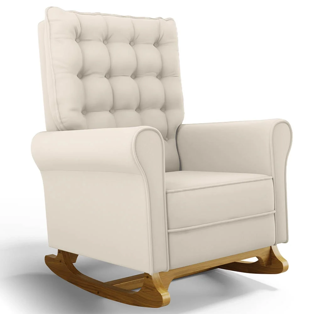 Kit 02 Poltronas de Amamentação Base Madeira Balanço Brenda G05 Veludo Creme - Mpozenato