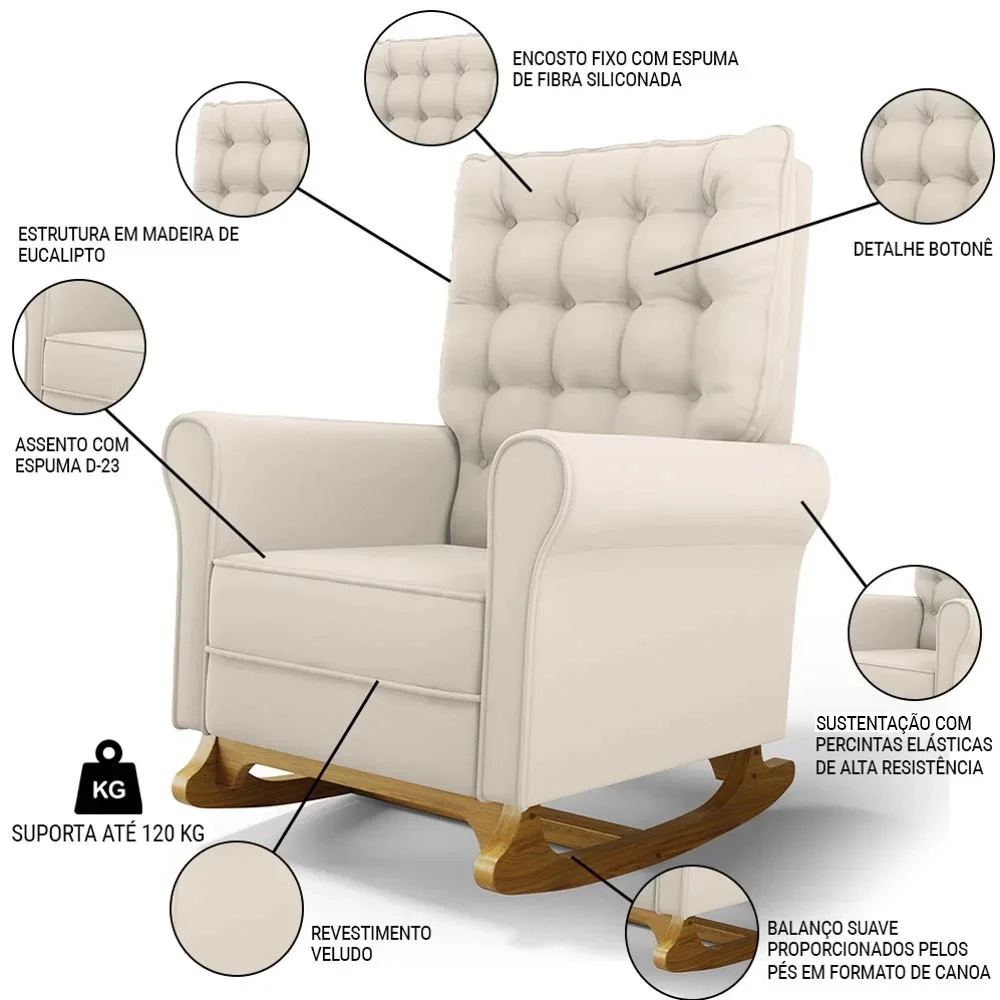 Kit 02 Poltronas de Amamentação Base Madeira Balanço Brenda G05 Veludo Creme - Mpozenato