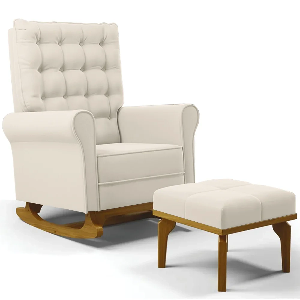 Poltrona de Amamentação Balanço e Puff Base de Madeira Brenda G05 Veludo Creme - Mpozenato