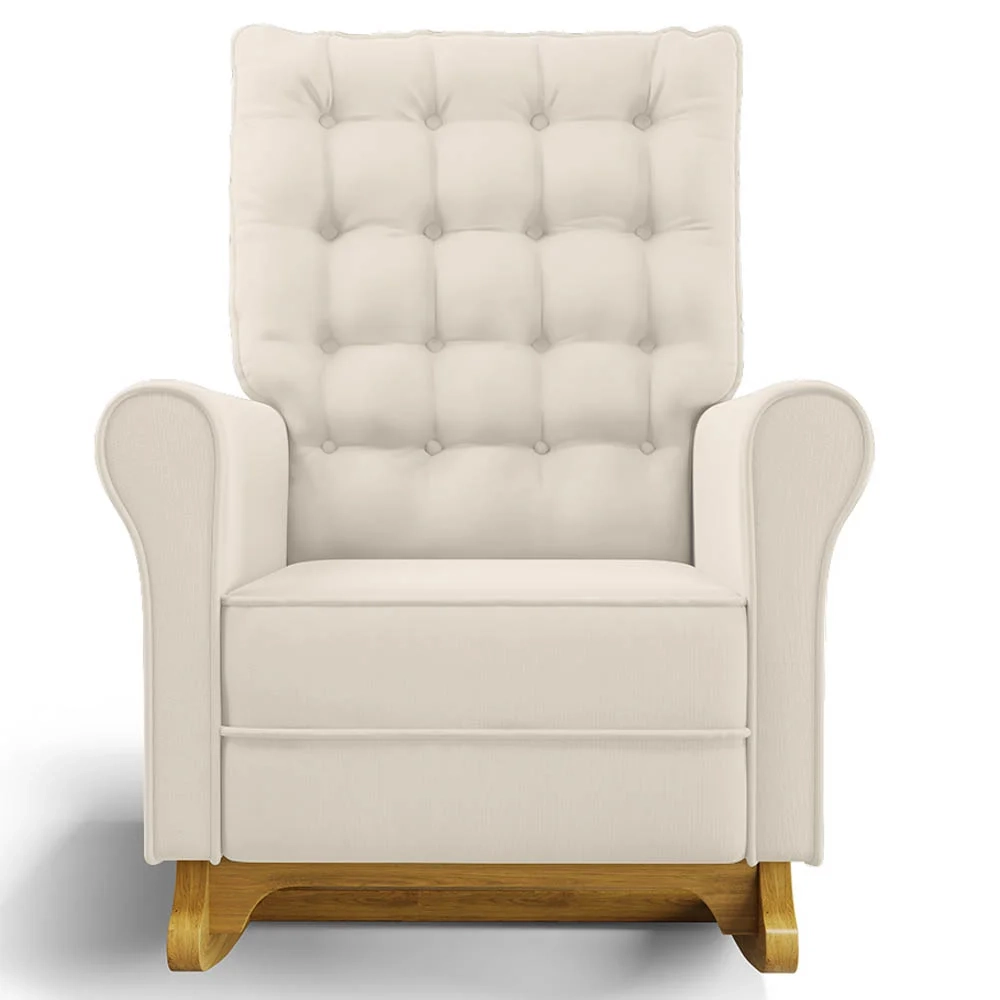 Poltrona de Amamentação Balanço e Puff Base de Madeira Brenda G05 Veludo Creme - Mpozenato