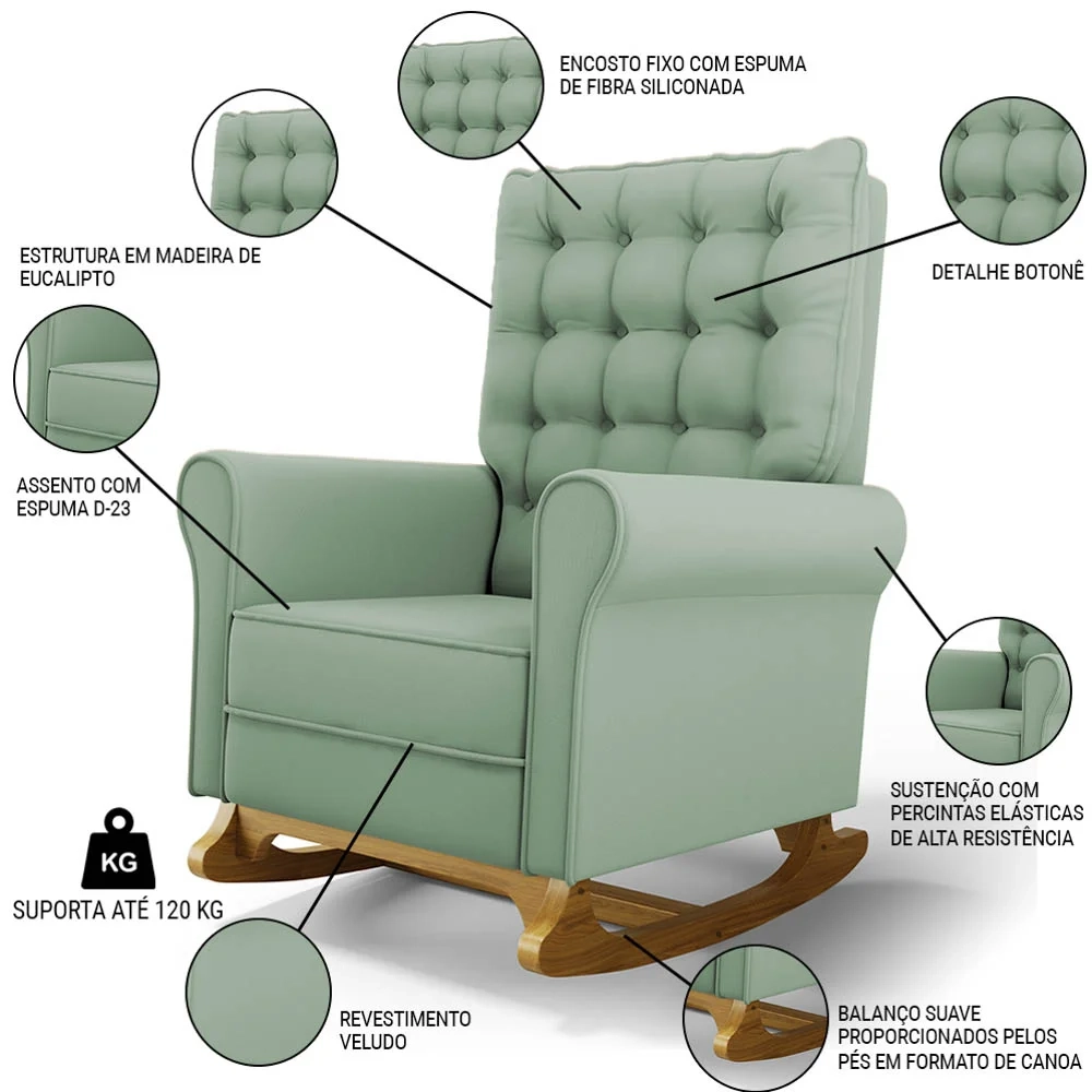 Poltrona de Amamentação Balanço e Puff Base de Madeira Brenda G05 Veludo Verde - Mpozenato