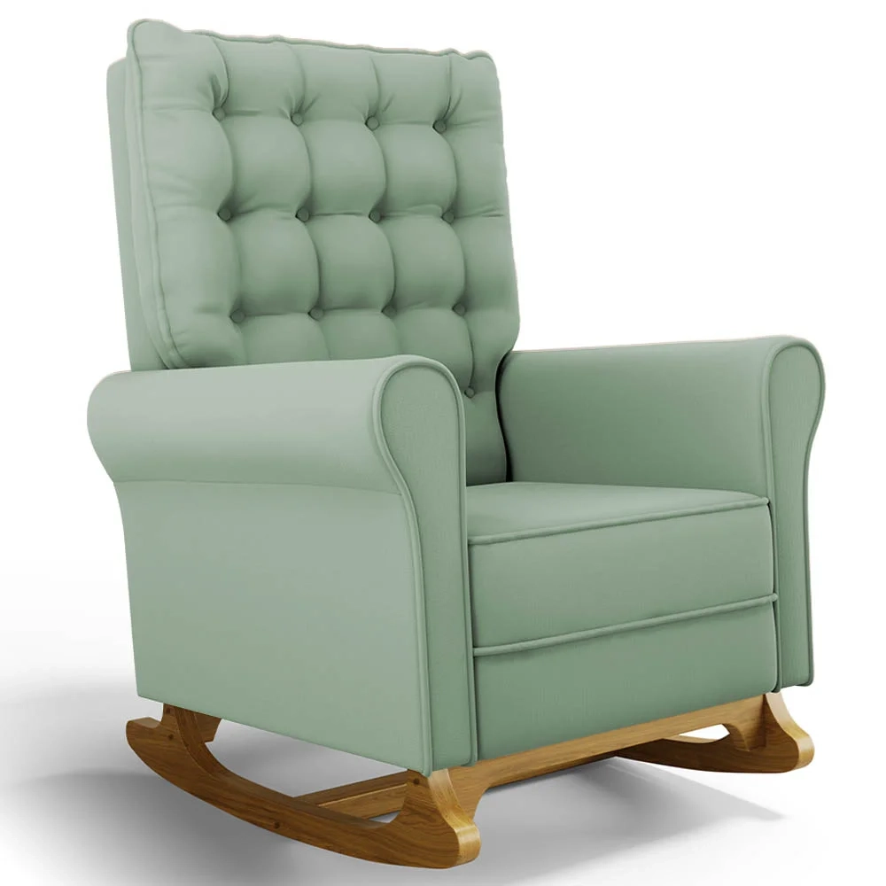 Poltrona de Amamentação Balanço e Puff Base de Madeira Brenda G05 Veludo Verde - Mpozenato