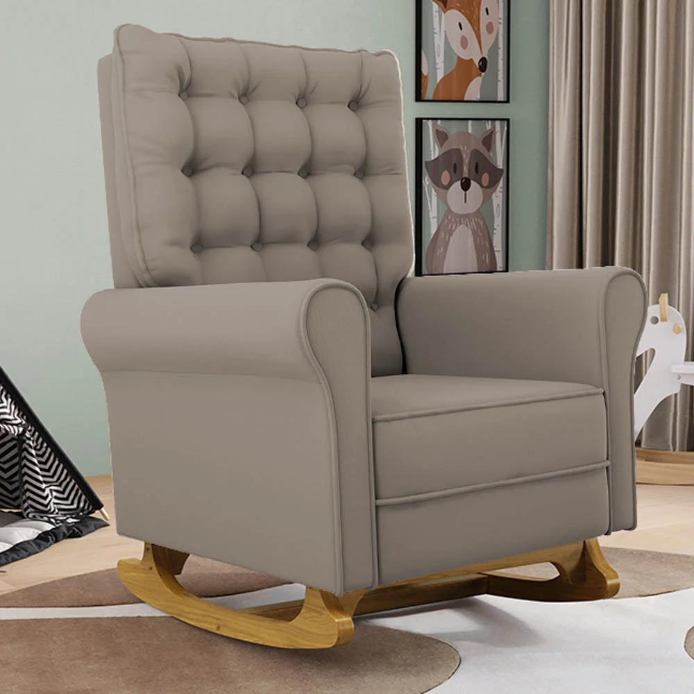 Poltrona de Amamentação e Descanso Base Madeira Balanço Brenda G05 Veludo Areia - Mpozenato