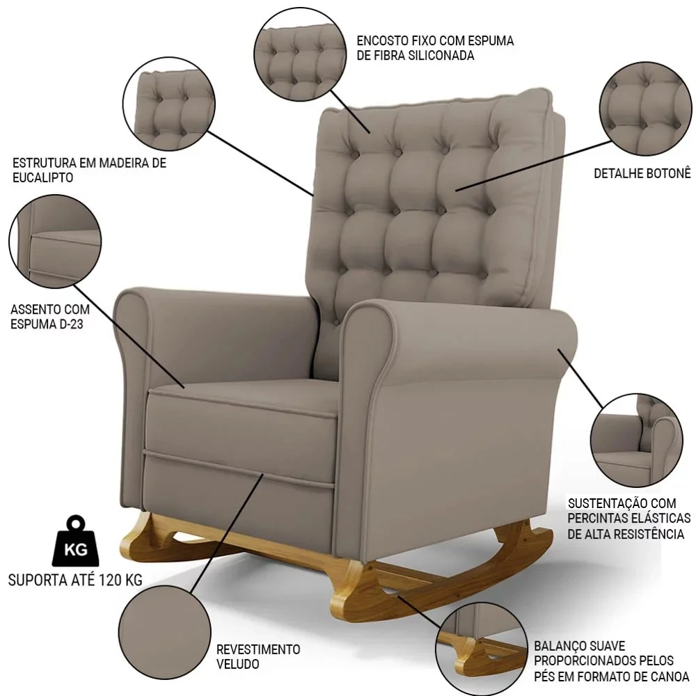 Poltrona de Amamentação Balanço e Puff Base de Madeira Brenda G05 Veludo Areia - Mpozenato