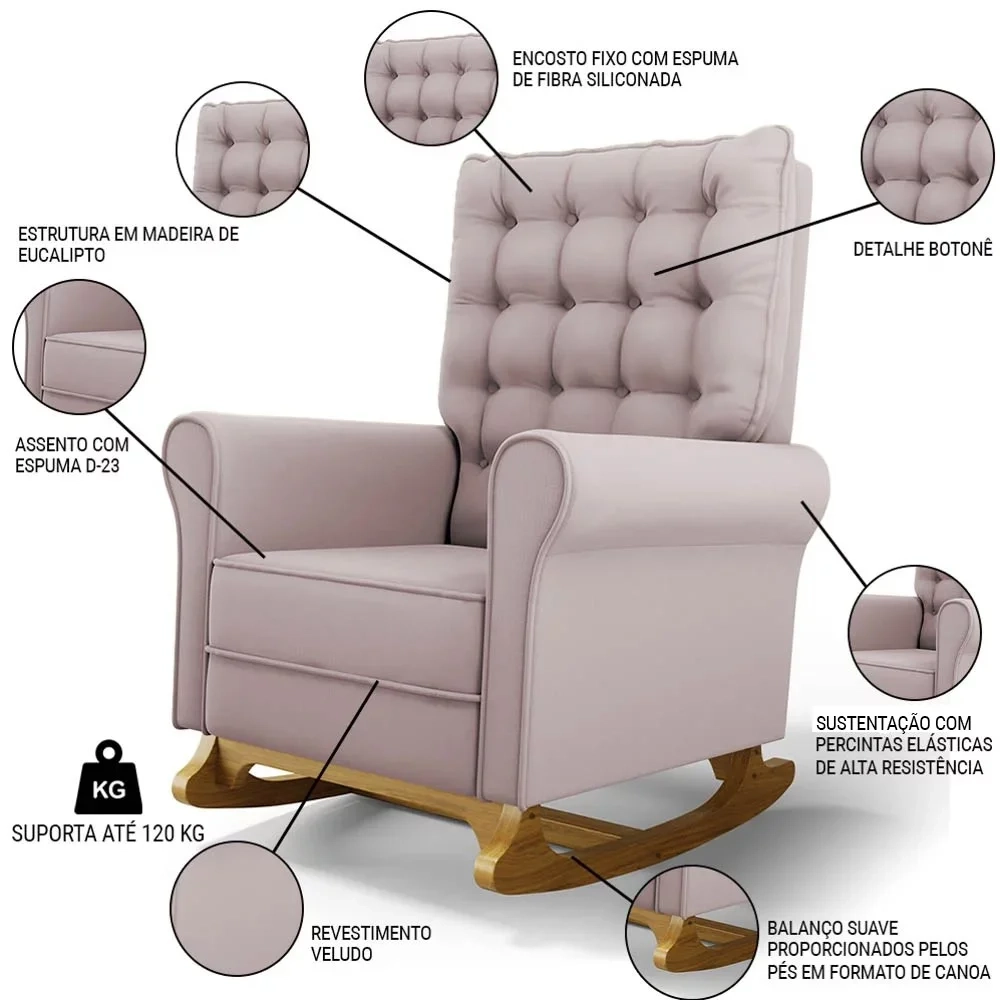 Kit 02 Poltronas de Amamentação Base Madeira Balanço Brenda G05 Veludo Rosê - Mpozenato