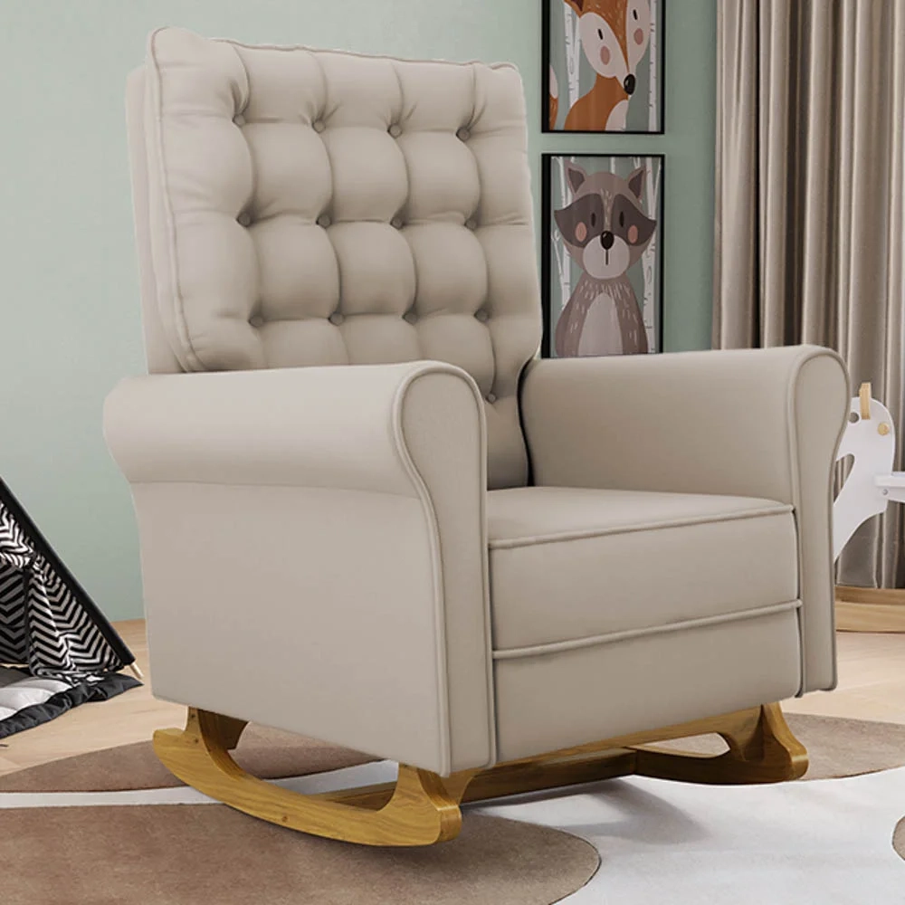 Poltrona de Amamentação e Descanso Base Madeira Balanço Brenda G05 Veludo Bege - Mpozenato