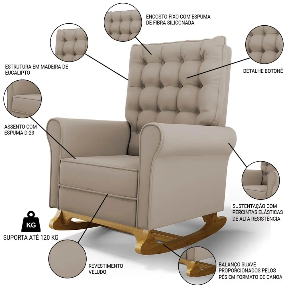 Kit 02 Poltronas de Amamentação Base Madeira Balanço Brenda G05 Veludo Bege - Mpozenato