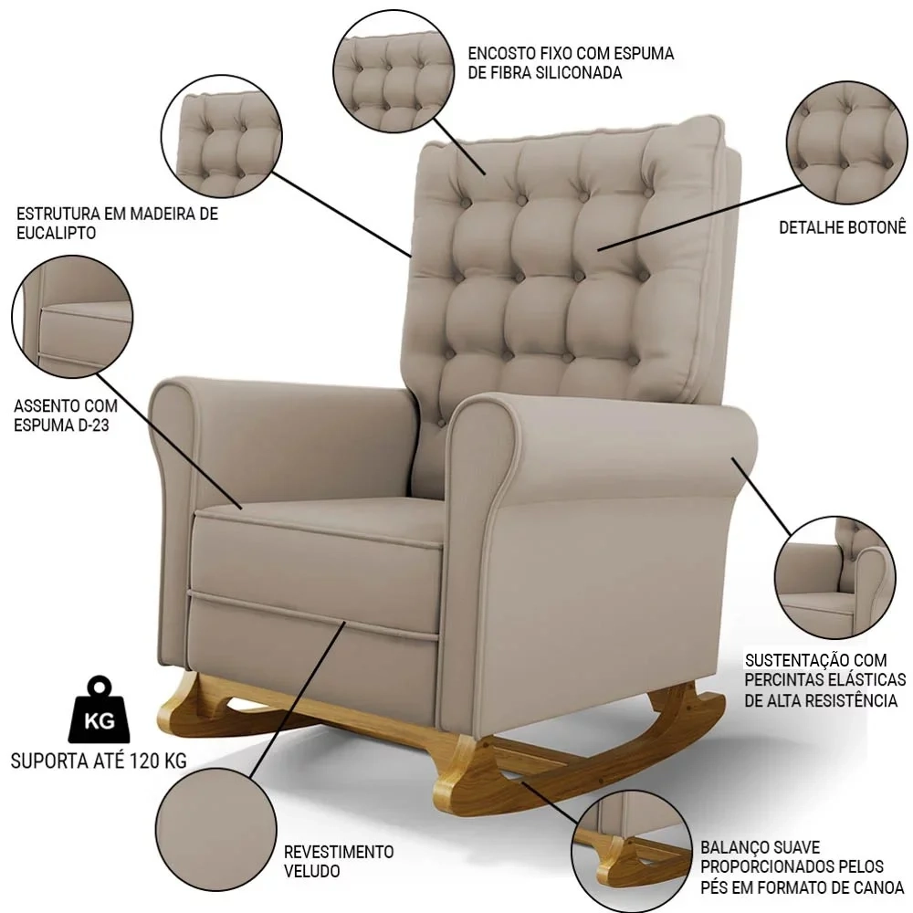 Poltrona de Amamentação Balanço e Puff Base de Madeira Brenda G05 Veludo Bege - Mpozenato
