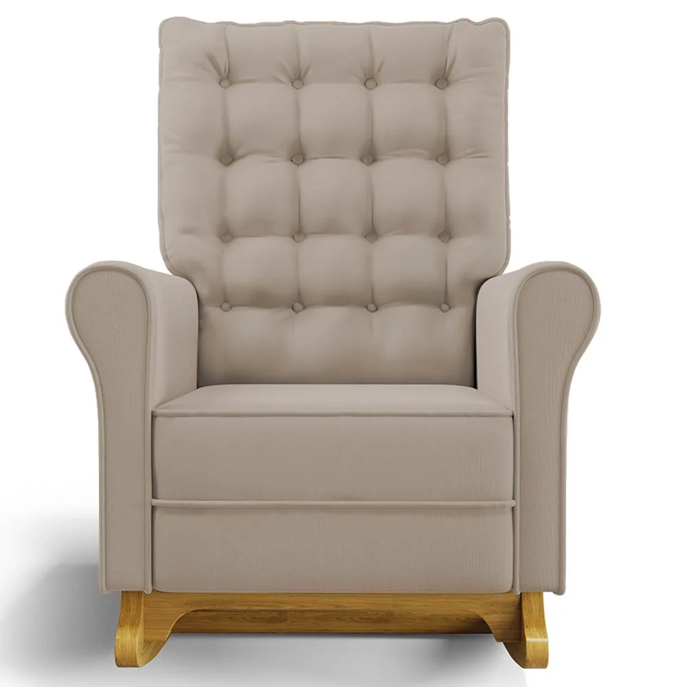 Poltrona de Amamentação Balanço e Puff Base de Madeira Brenda G05 Veludo Bege - Mpozenato