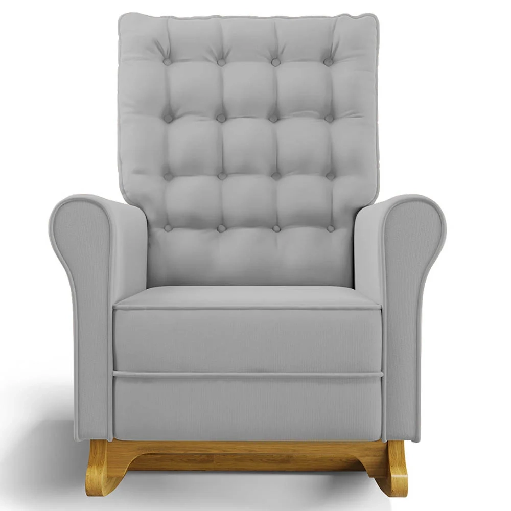 Poltrona de Amamentação Balanço e Puff Base de Madeira Brenda G05 Veludo Cinza - Mpozenato