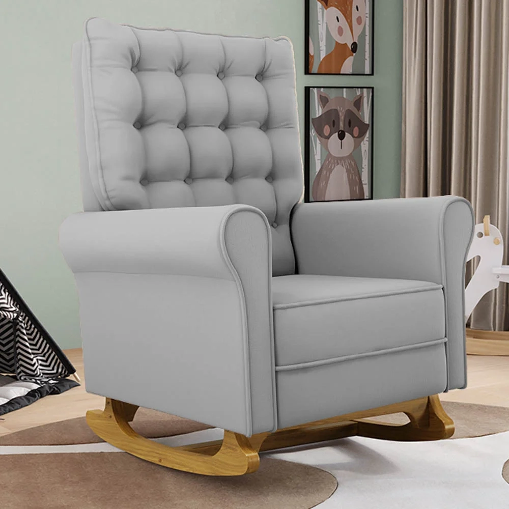 Kit 02 Poltronas de Amamentação Base Madeira Balanço Brenda G05 Veludo Cinza - Mpozenato