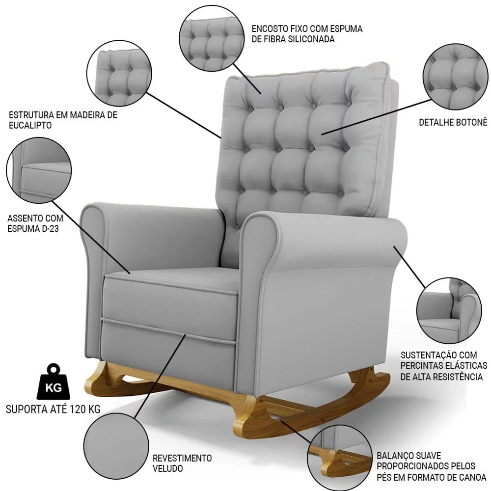 Kit 02 Poltronas de Amamentação Base Madeira Balanço Brenda G05 Veludo Cinza - Mpozenato