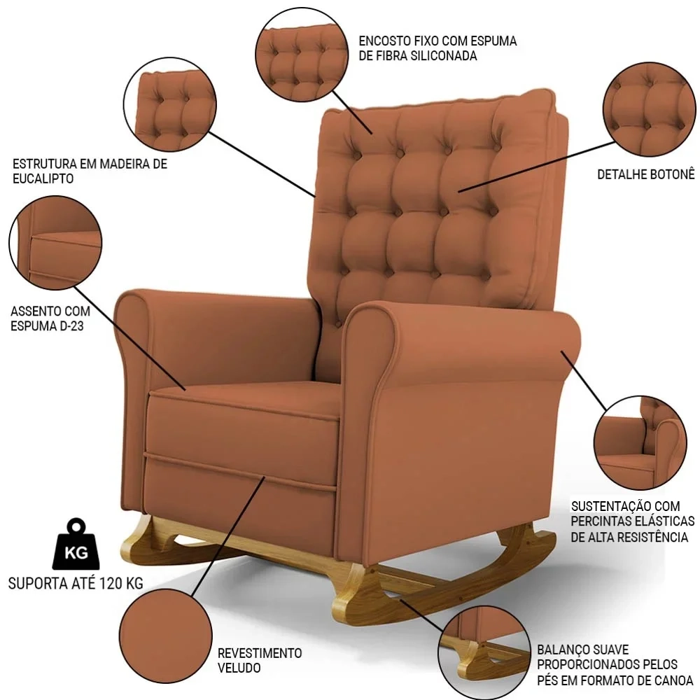 Poltrona de Amamentação Balanço e Puff Base de Madeira Brenda G05 Veludo Terracota - Mpozenato