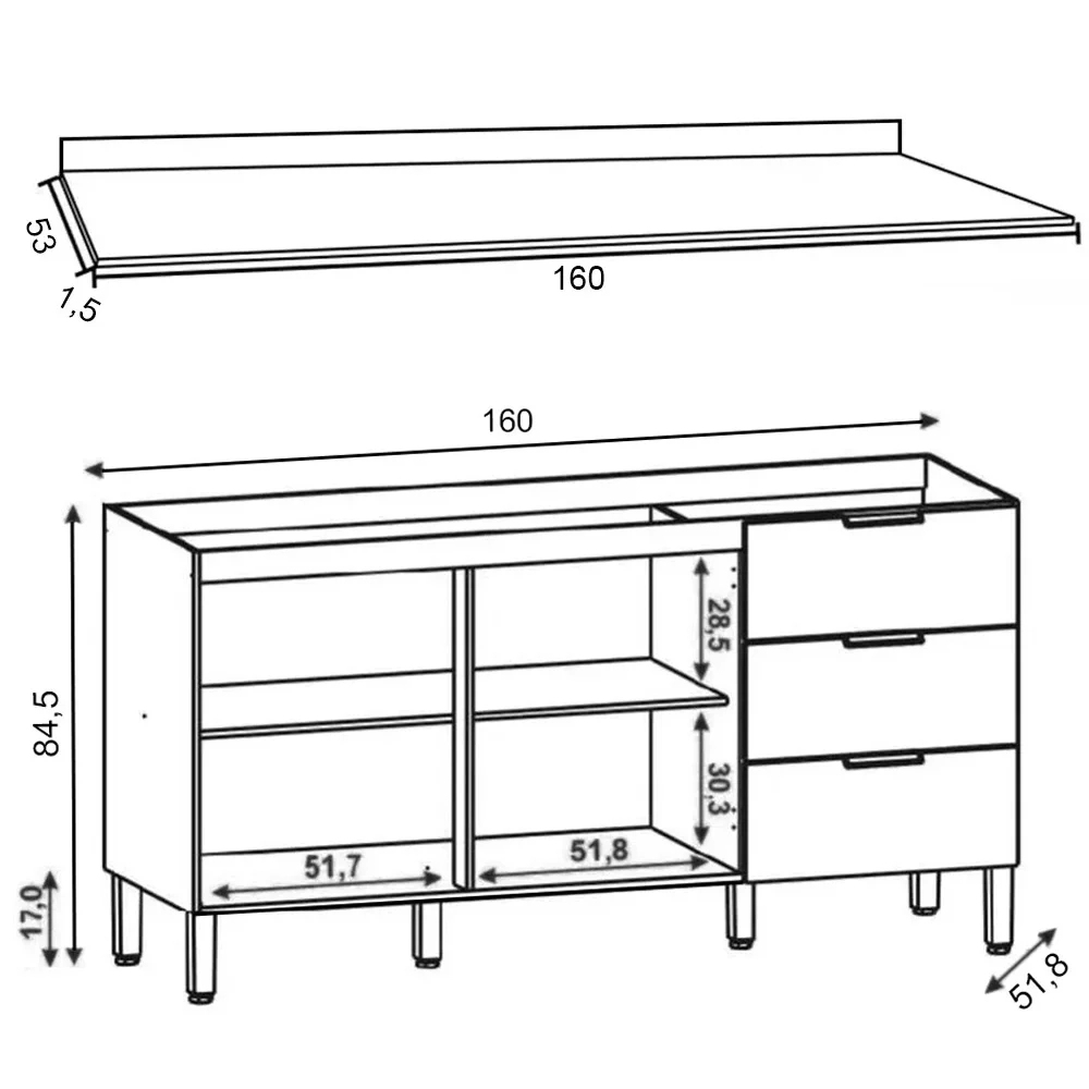 Balcão Gabinete para Pia com Tampo 160cm Charm Z06 Freijó - Mpozenato
