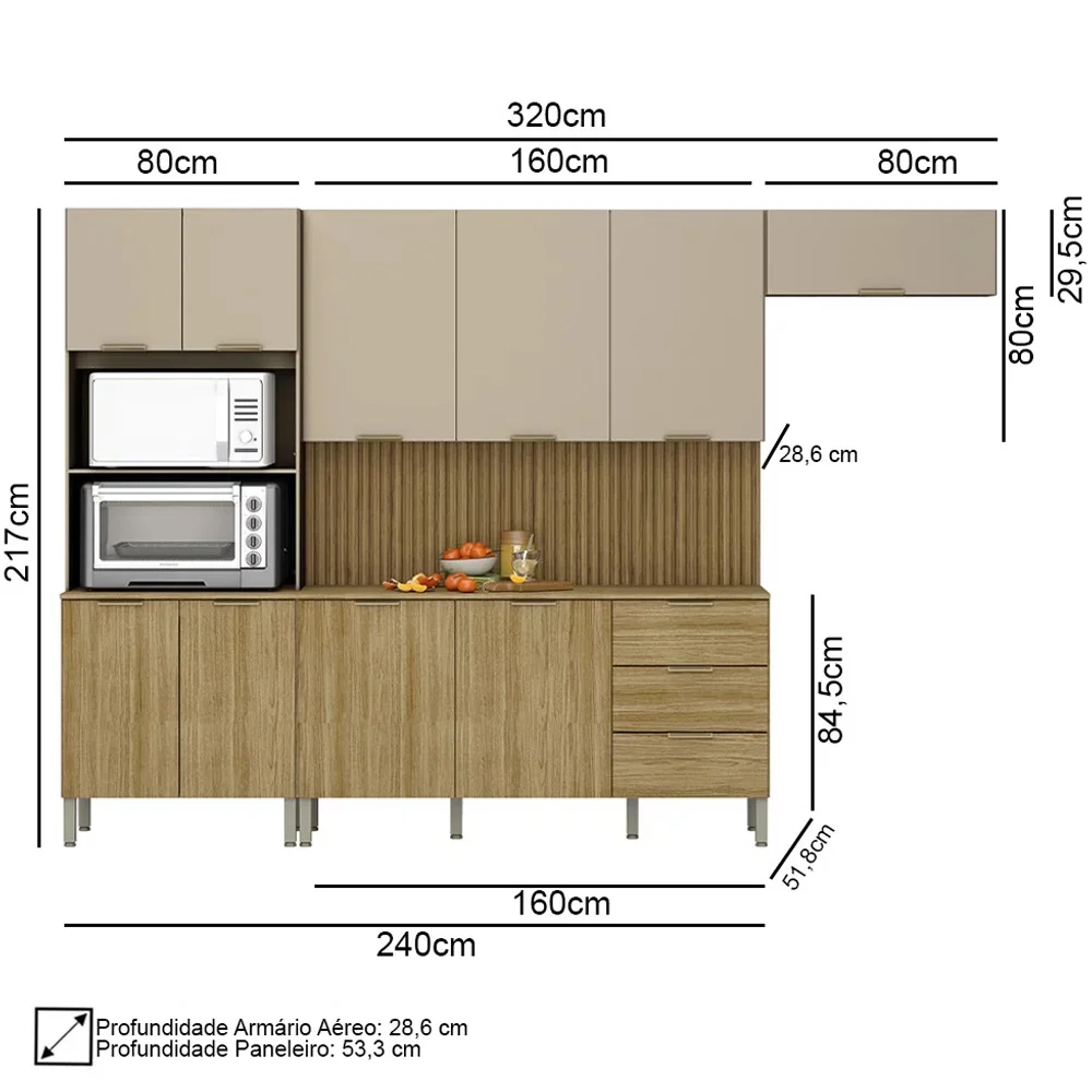 Armário de Cozinha 4 Peças Charm03 Balcão com Tampo 160cm Z06 Freijó/Vanilla - Mpozenato