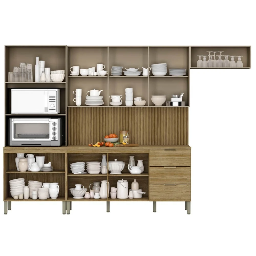 Armário de Cozinha 4 Peças Charm03 Balcão com Tampo 160cm Z06 Freijó/Vanilla - Mpozenato