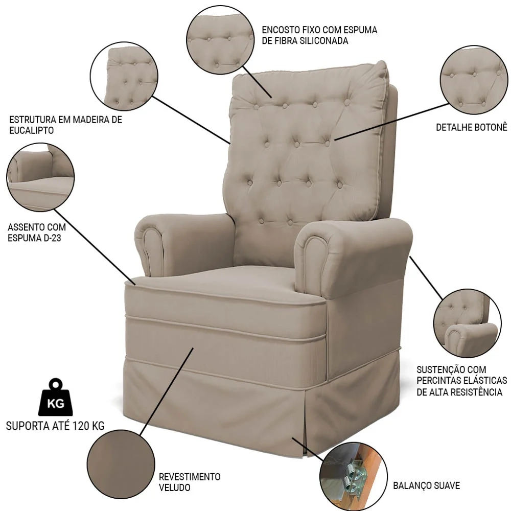 Poltrona de Amamentação e Descanso com Balanço e Puff Laís G05 Veludo Bege - Mpozenato