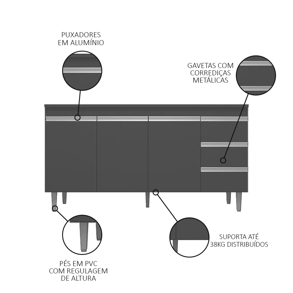 Balcão Gabinete Para Pia 150cm 3 Portas Andréia Cinza - AJL Móveis