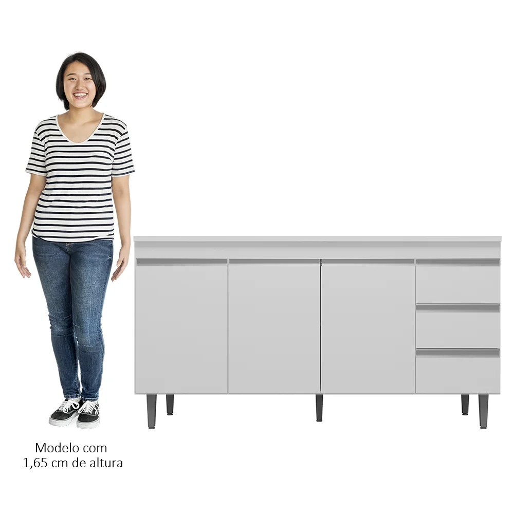 Balcão Gabinete Para Pia 150cm com Tampo 3 Portas Andréia Branco - AJL Móveis