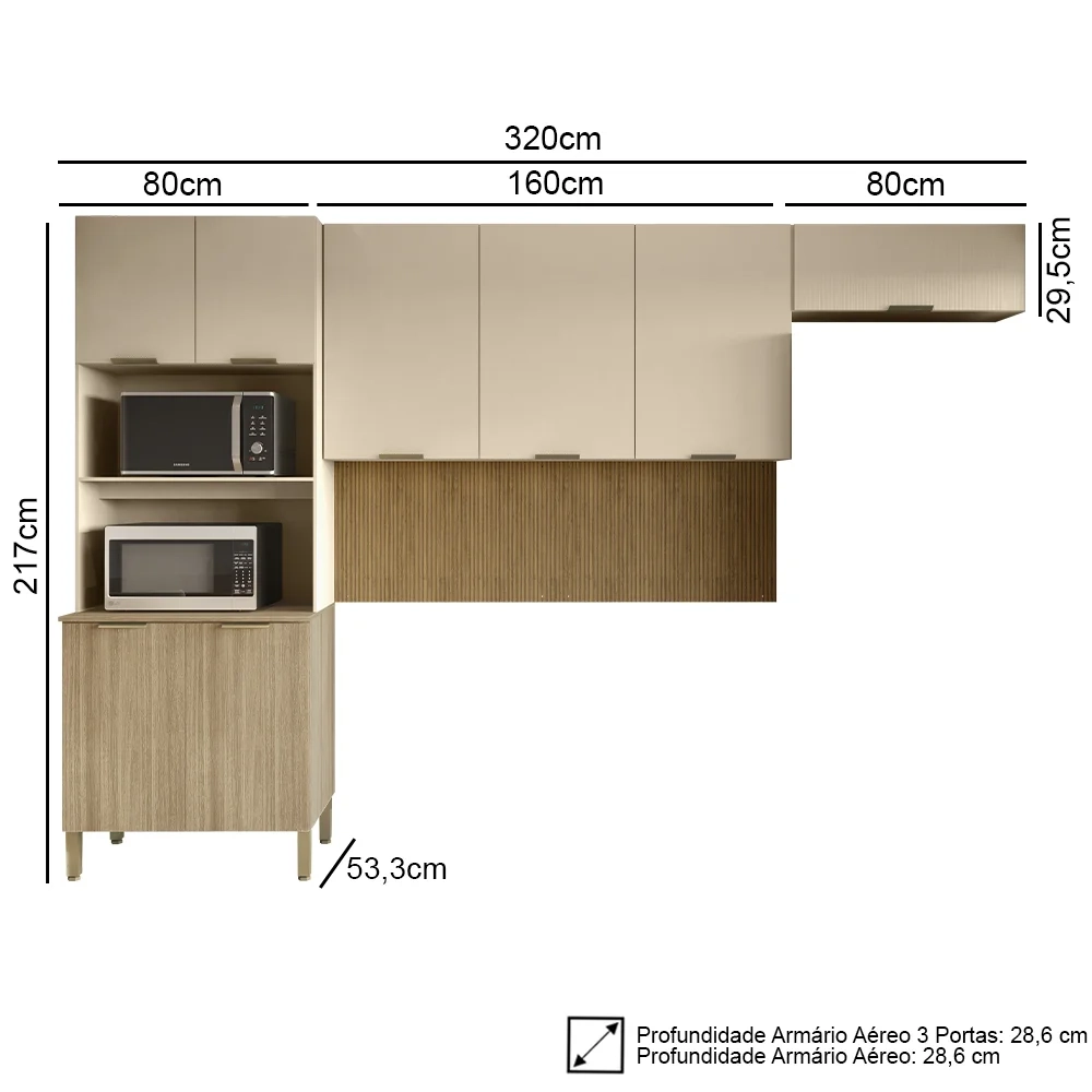 Armário de Cozinha Modulada 3 Peças Charm01 Z06 Freijó/Vanilla - Mpozenato