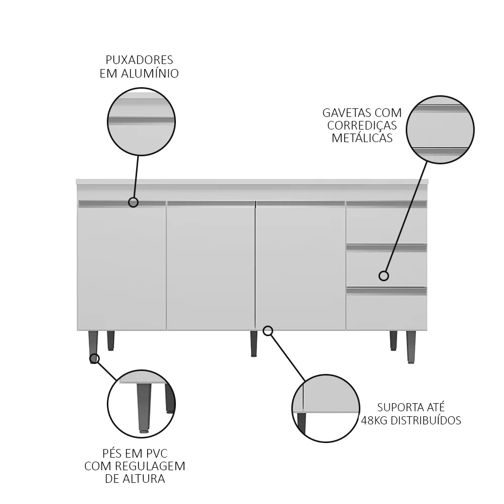 Balcão Gabinete Para Pia 160cm com Tampo 3 Portas Andréia Branco - AJL Móveis