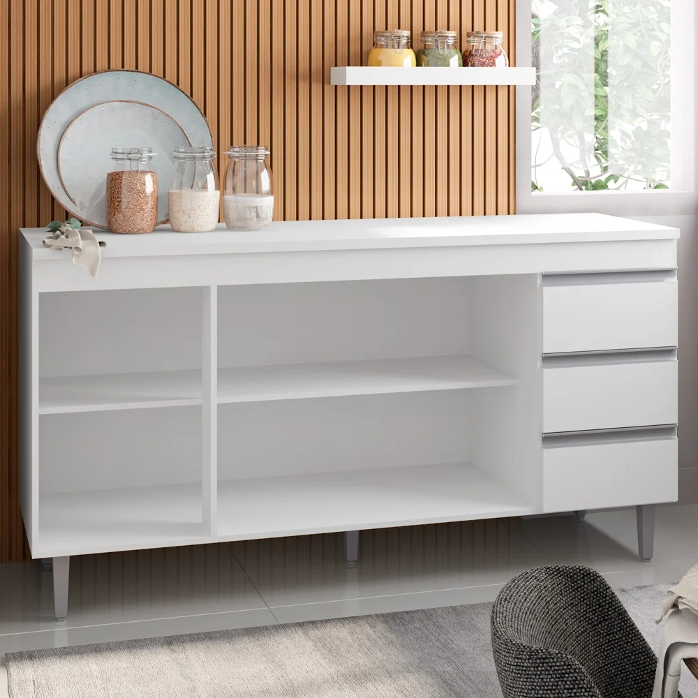 Balcão Gabinete Para Pia 160cm com Tampo 3 Portas Andréia Branco - AJL Móveis