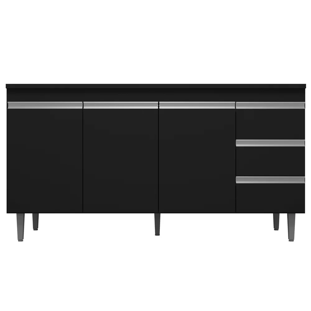 Balcão Gabinete Para Pia 150cm com Tampo 3 Portas Andréia Preto - AJL Móveis