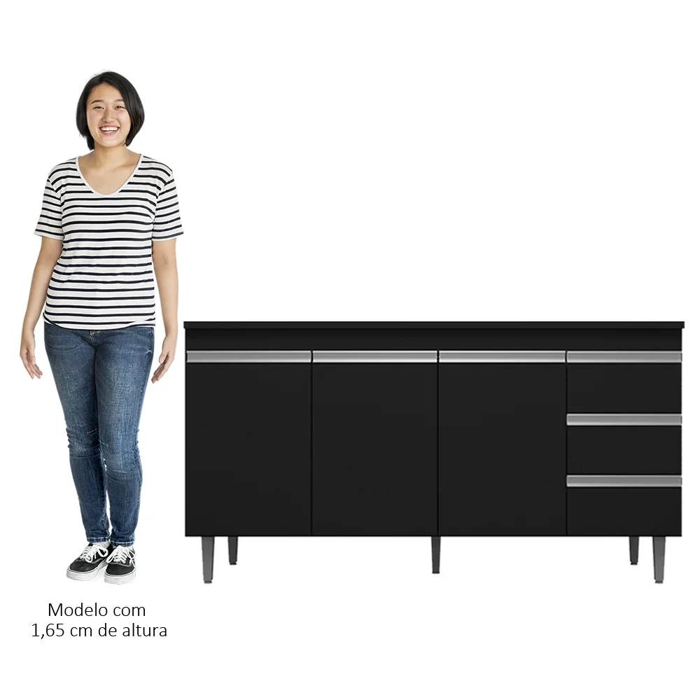 Balcão Gabinete Para Pia 150cm com Tampo 3 Portas Andréia Preto - AJL Móveis