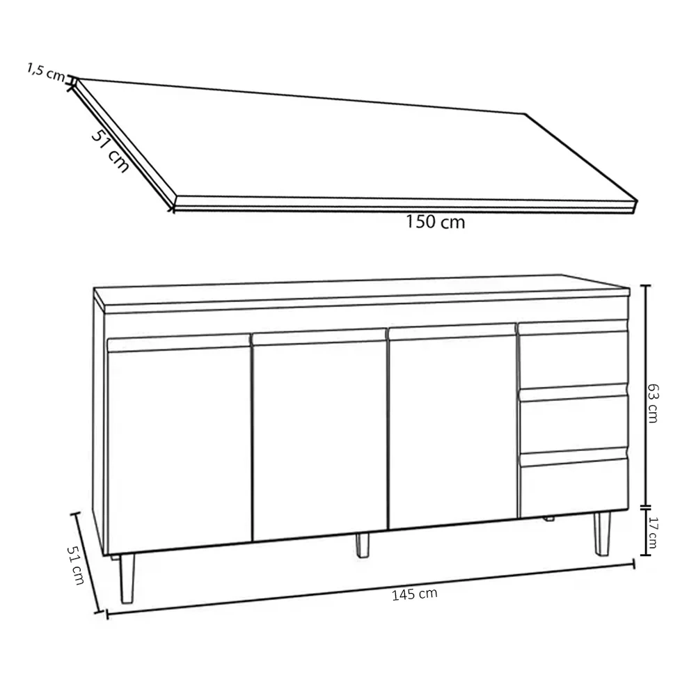 Balcão Gabinete Para Pia 150cm com Tampo 3 Portas Andréia Preto - AJL Móveis