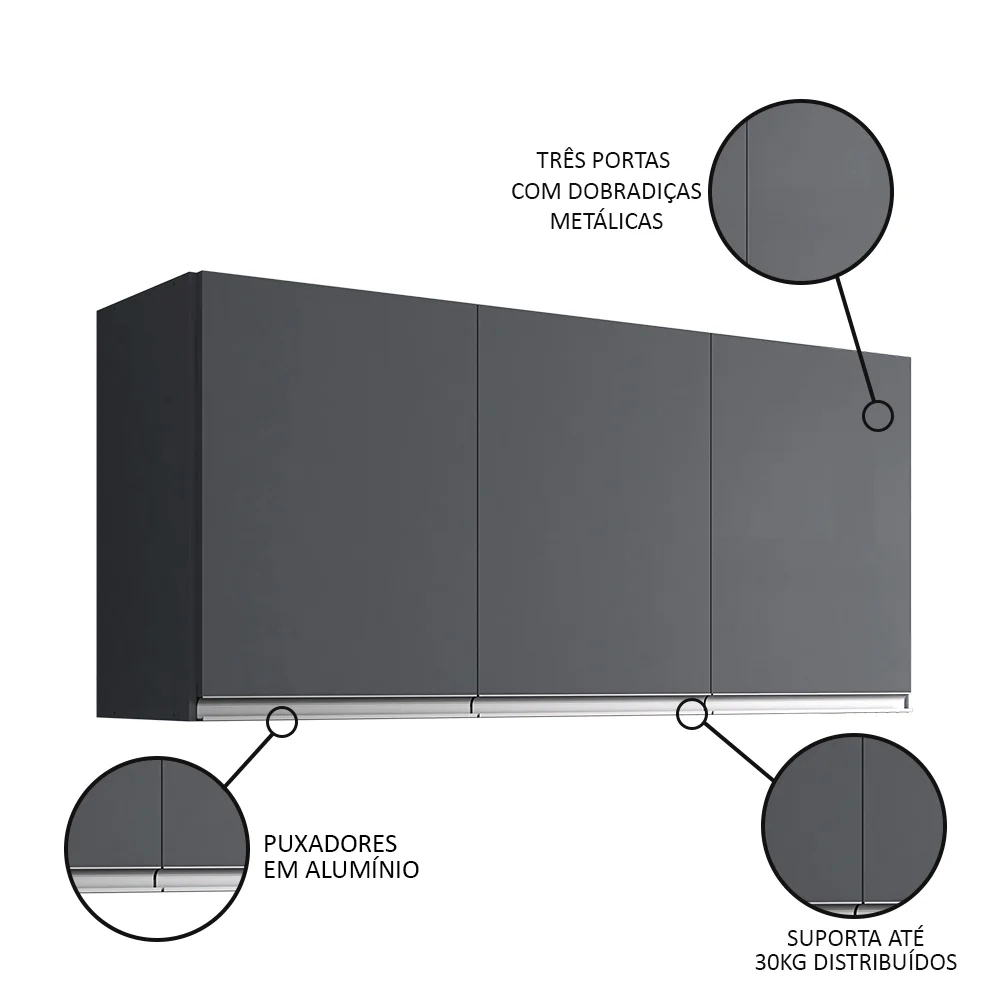 Armário Aéreo 120cm 3 Portas Andréia Cinza - AJL Móveis