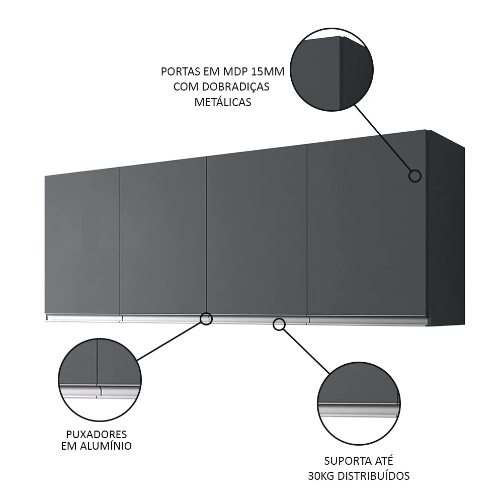 Armário Aéreo 150cm 4 Portas Andréia Cinza - AJL Móveis