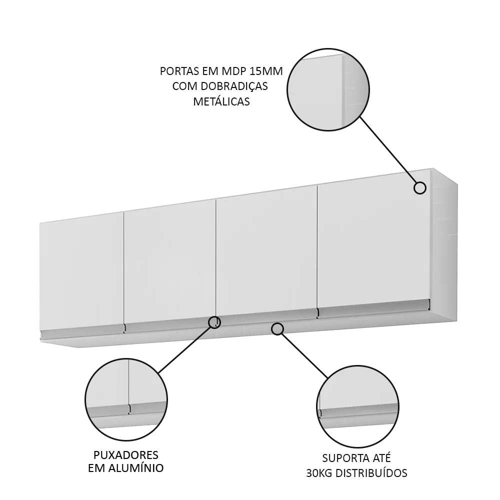 Armário Aéreo 150cm 4 Portas Andréia Branco - AJL Móveis