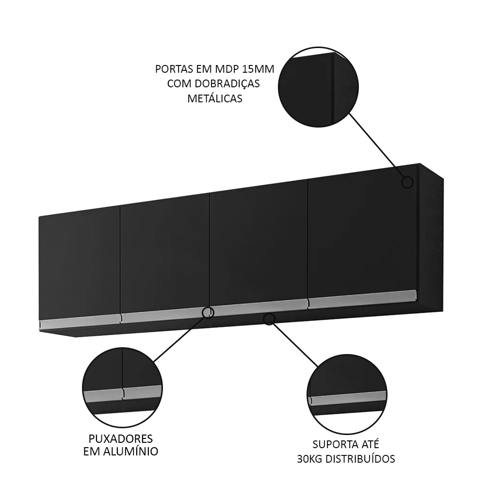 Armário Aéreo 150cm 4 Portas Andréia Preto - AJL Móveis