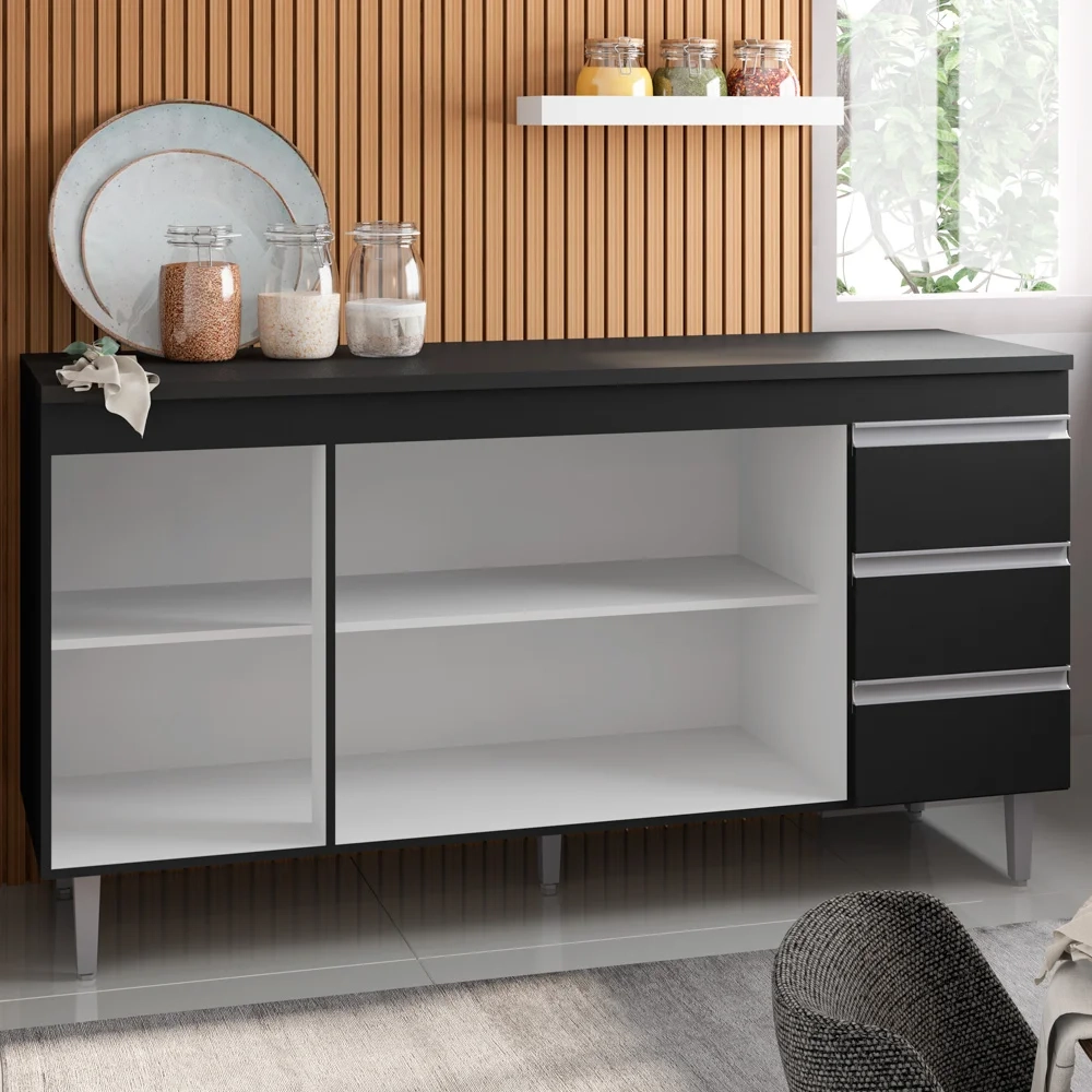 Balcão Gabinete Para Pia 160cm com Tampo 3 Portas Andréia Preto - AJL Móveis