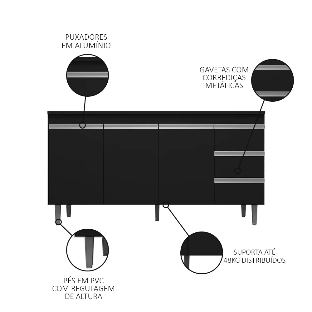 Balcão Gabinete Para Pia 160cm com Tampo 3 Portas Andréia Preto - AJL Móveis