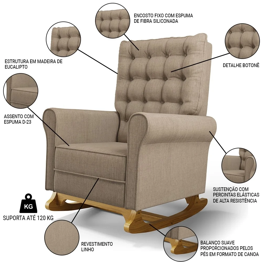 Poltrona de Amamentação e Descanso Base Madeira Balanço Brenda G05 Linho Areia - Mpozenato