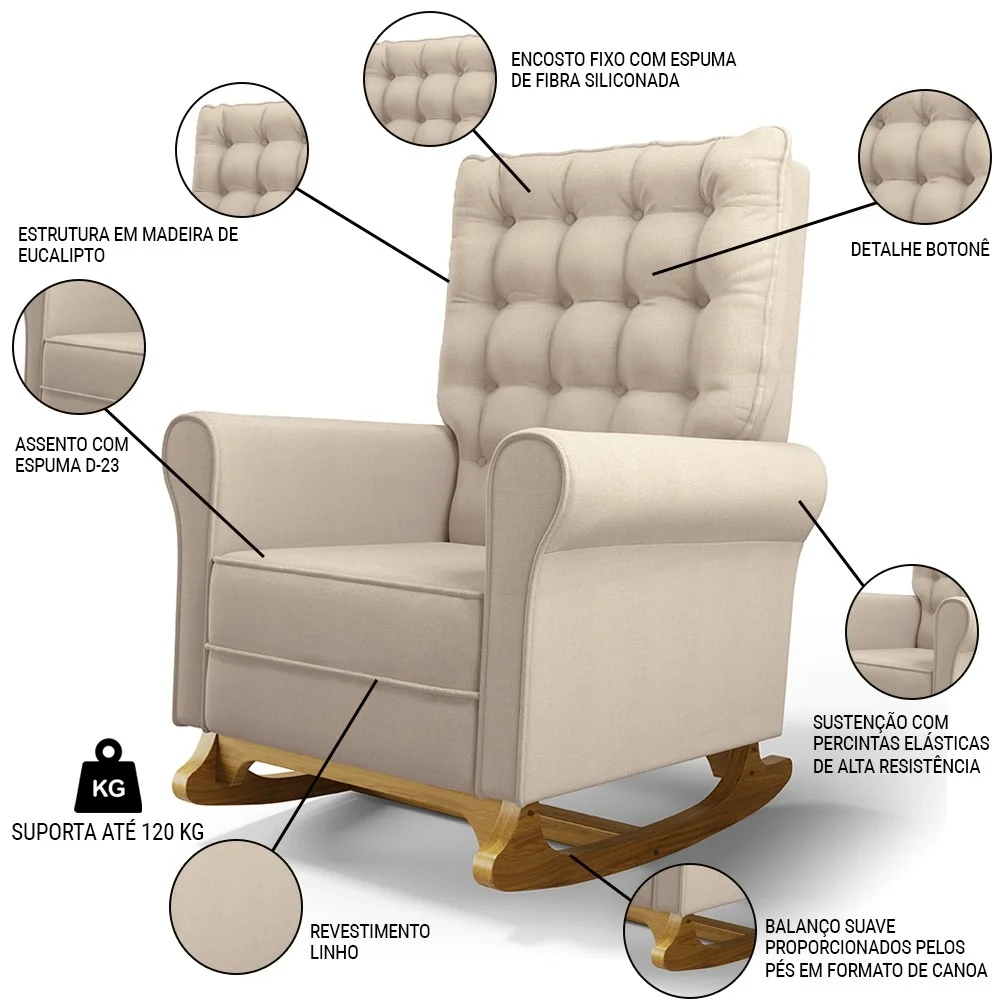 Poltrona de Amamentação e Descanso Base Madeira Com Balanço Brenda G05 Linho Creme - Mpozenato