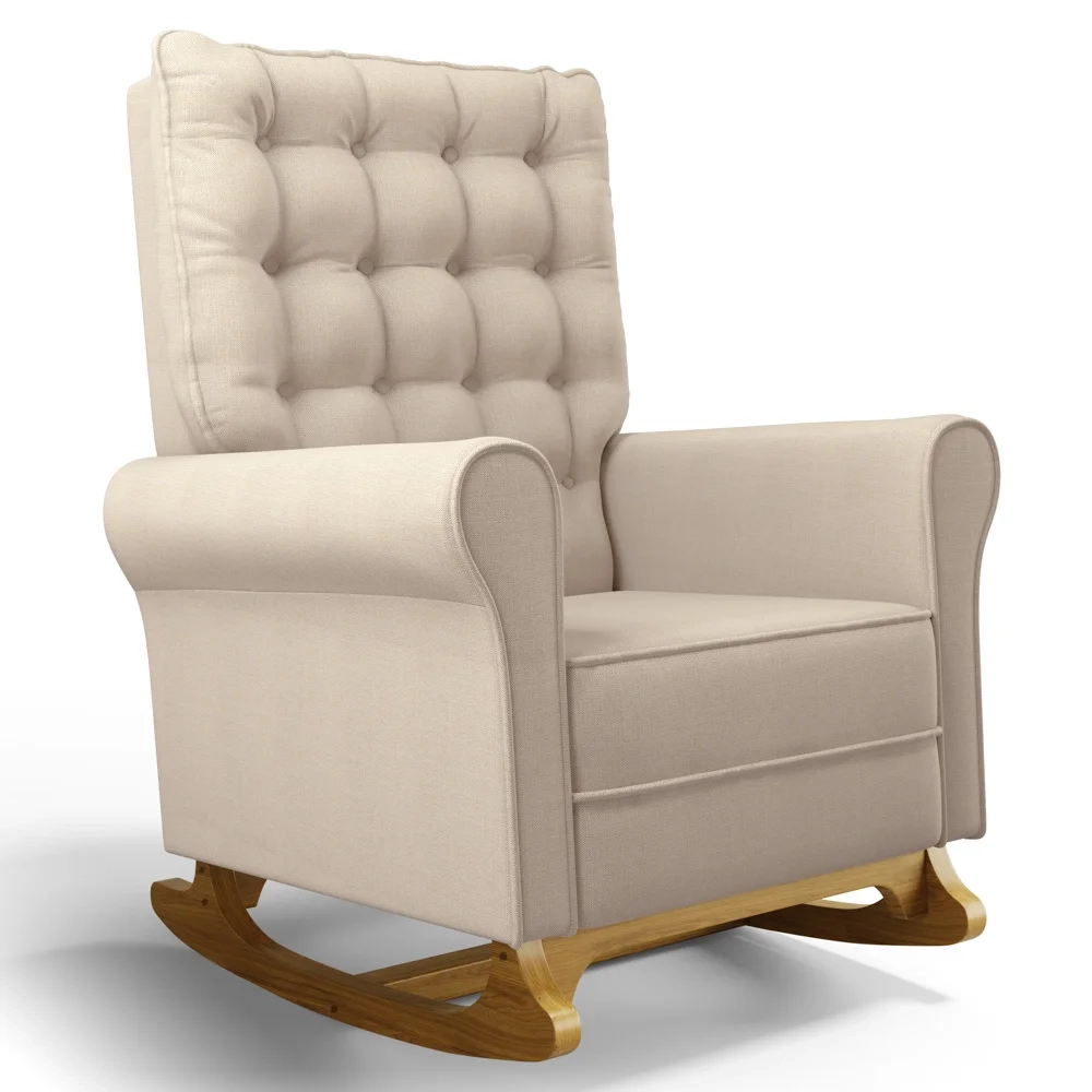 Poltrona de Amamentação Balanço e Puff Base de Madeira Brenda G05 Linho Creme - Mpozenato