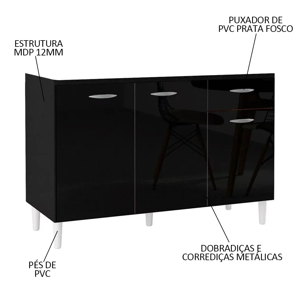 Balcão Gabinete de Pia para Cozinha 120cm 3 Portas Classic Z46 Preto - Mpozenato