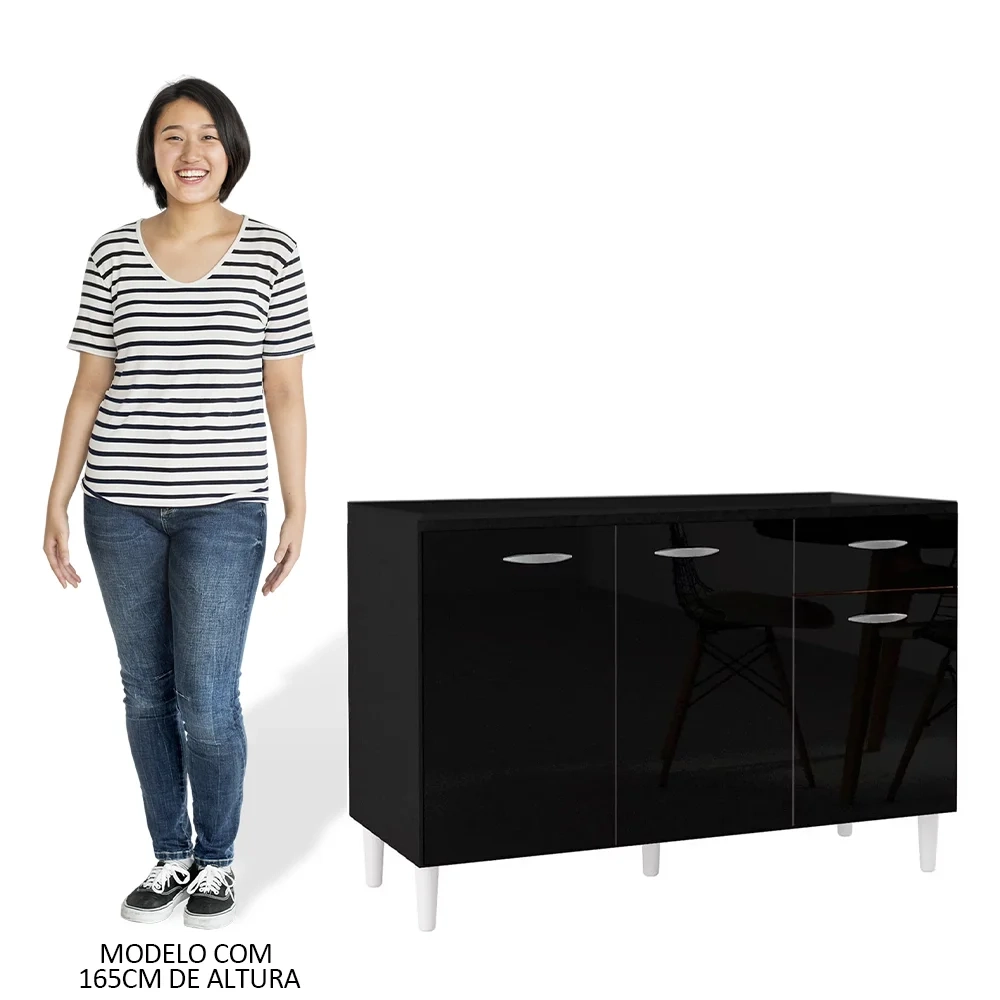 Balcão Gabinete de Pia para Cozinha 120cm 3 Portas Classic Z46 Preto - Mpozenato